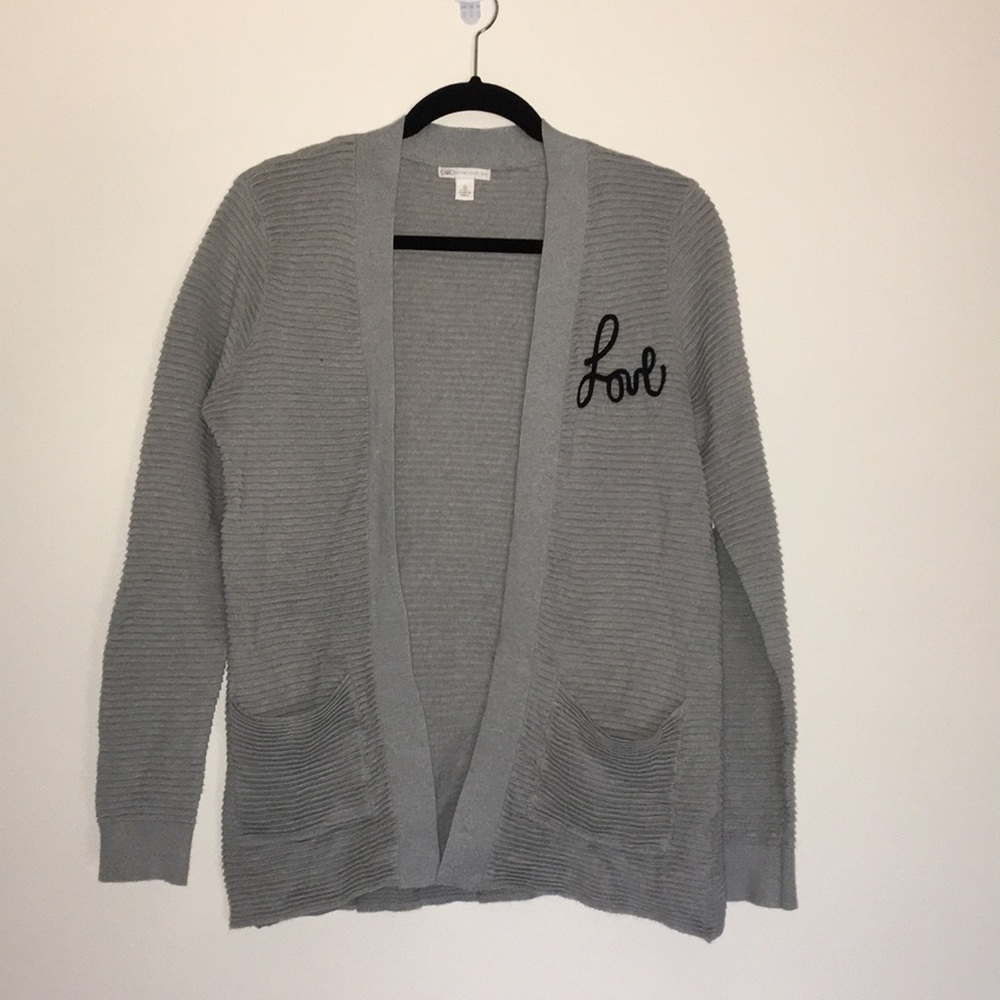 Valentine’s Day sweater Knit Open Love gray cardigan S pockets